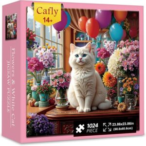 Jigsaw Puzzles for Adults 1024 Pieces - Challenging Fun Puzzles Stunning Art Wall Decor, Gift for Adult Puzzle Lovers, Family Game, Flowers & White Cat